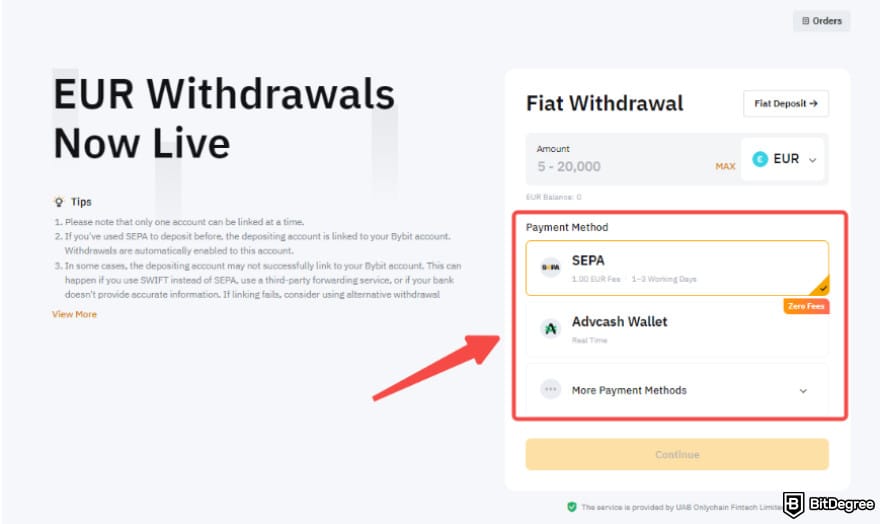 Bybit vs Phemex: Bybit's EUR withdrawal page.