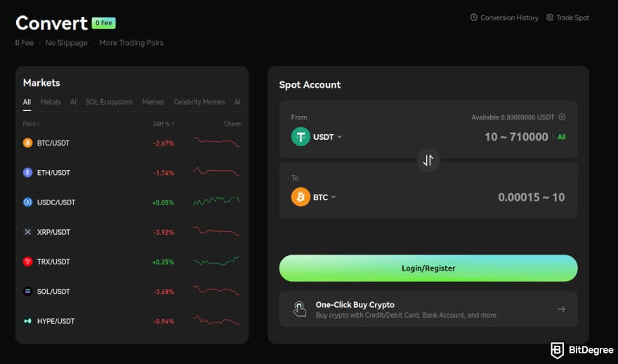 Bybit vs Phemex: Phemex's convert page.