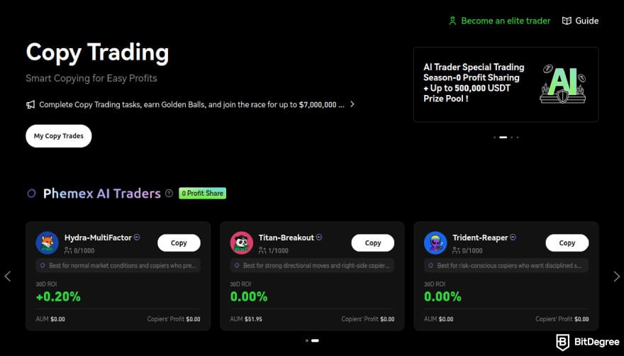 Bybit vs Phemex: Phemex's copy trading page.