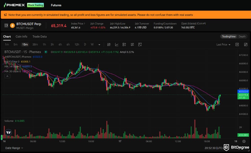 Bybit vs Phemex: Phemex's mock trading interface.