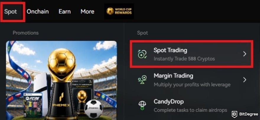 Bybit vs Phemex: the spot trading menu on Phemex.