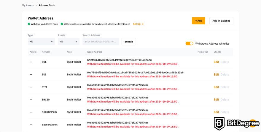 Bybit wallet review: a screenshot of the Bybit wallet address book.