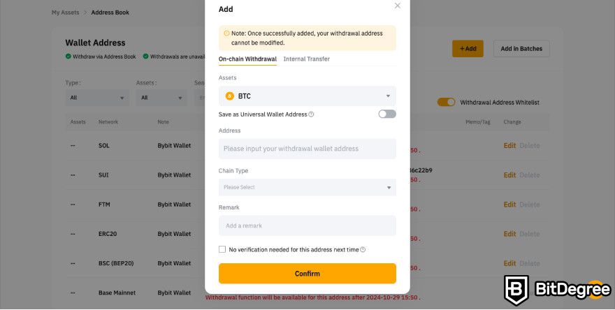 Bybit wallet review: a screenshot of the Bybit's new wallet address pop-up.