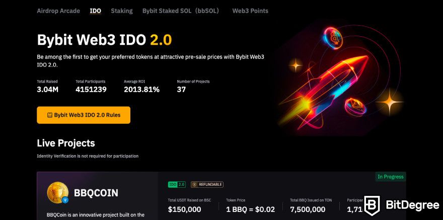 Bybit wallet review: a screenshot of the Bybit IDO launchpad.