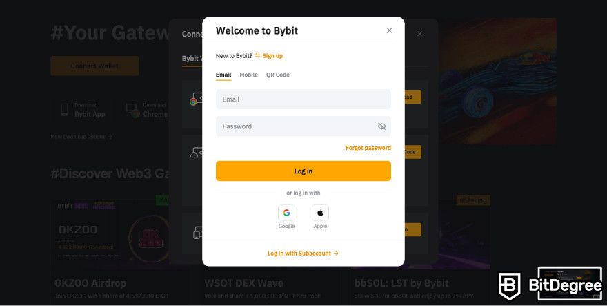 Bybit wallet review: a screenshot of the Bybit Web3 login page.