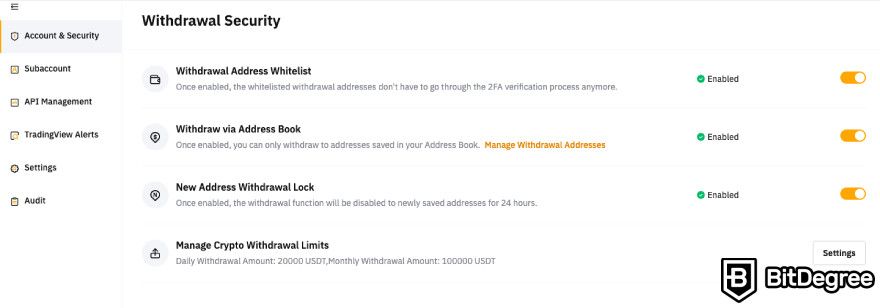 Bybit wallet review: a screenshot of the Bybit Account and Security page.