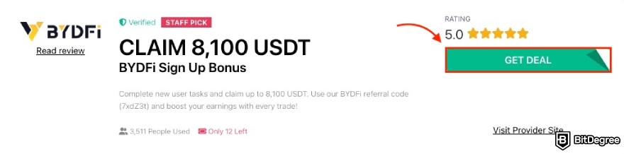 BYDFi referral code: red arrow pointing to the get deal button.