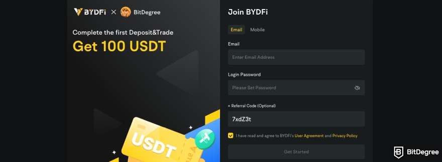 BYDFi referral code: sign up page.