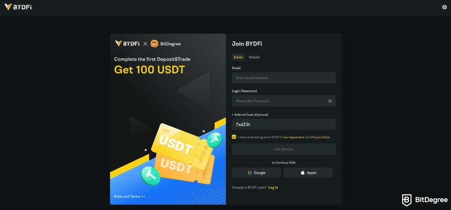 BYDFi review: sign up.