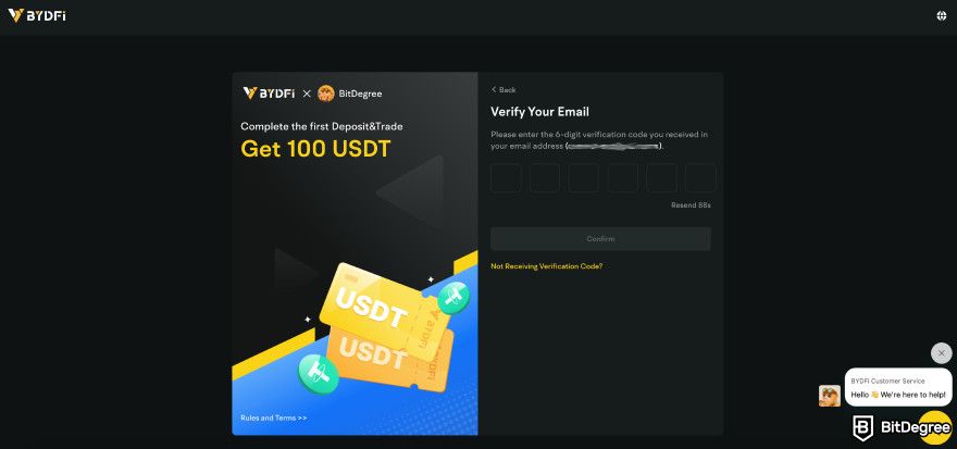 BYDFi review: email verification.