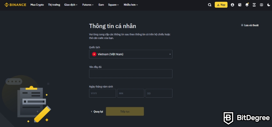 Cách nhận tiền mã hóa miễn phí: Nhập thông tin cá nhân trên Binance.