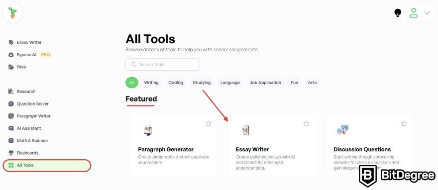 Caktus AI review: red arrow pointing to essay writer tool on the Caktus AI website.