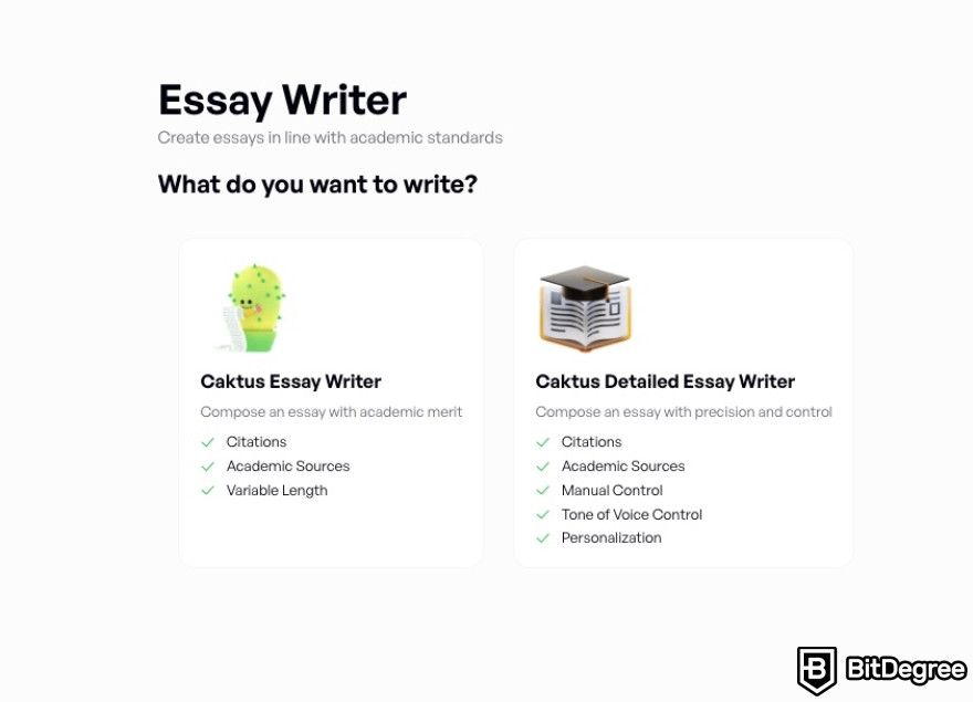 Caktus AI review: Caktus AI essay writer options.