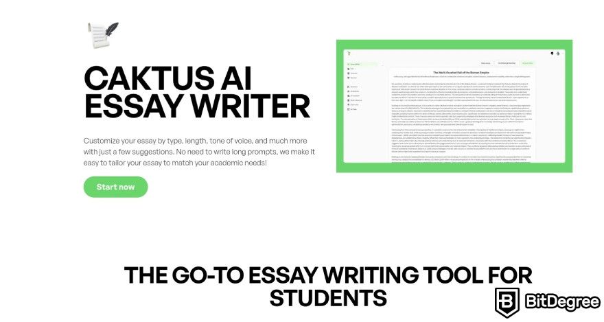 Caktus AI review: Caktus AI essay writer website page.