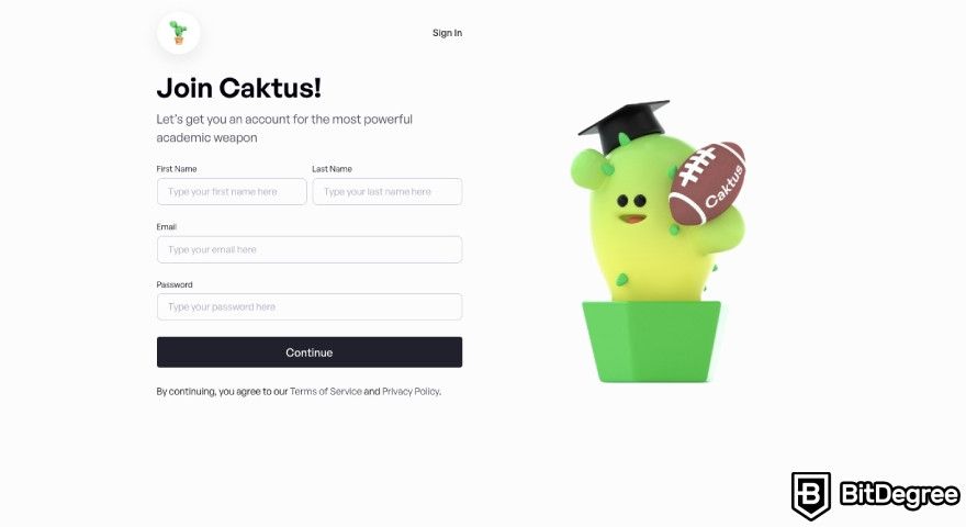 Caktus AI review: the sign up page of Caktus AI.