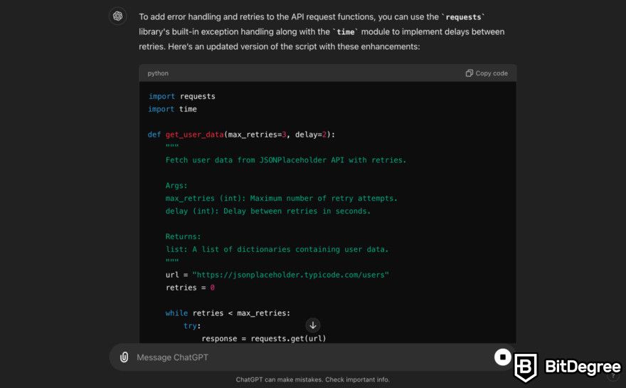 Can ChatGPT write code: step for adding error handling.