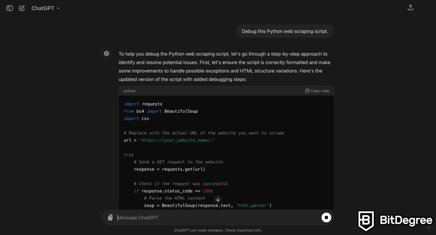 Can ChatGPT write code: debugging Python script for scraping.