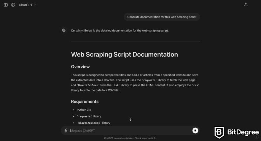 Can ChatGPT write code: writing documentation for scraping script.