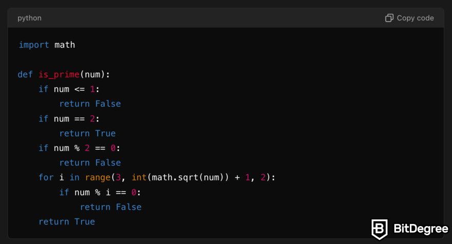 Can ChatGPT write code: refactored prime number function.