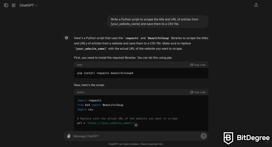 Can ChatGPT write code: Python script for scraping.