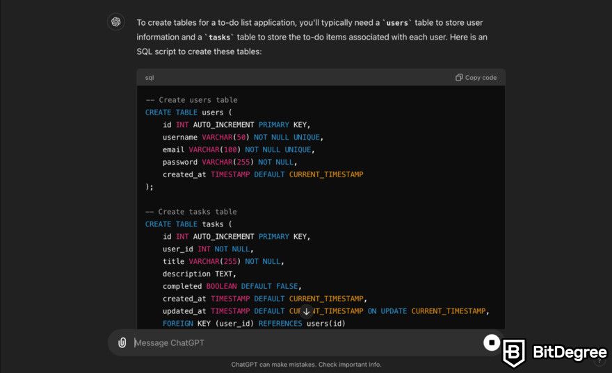 Can ChatGPT write code: steps for creating SQL script.