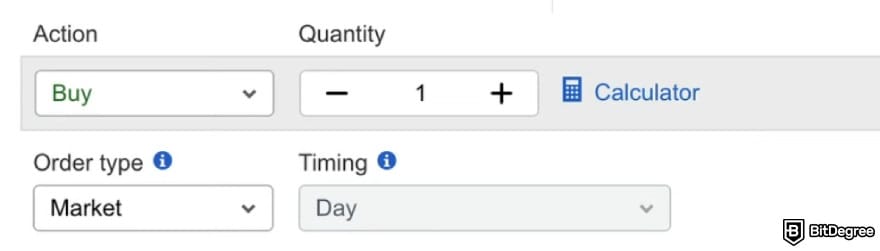 Can you buy crypto on Schwab: the settings for the [Buy] and [Quantity] actions on Schwab.