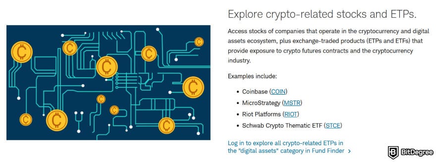 Can you buy crypto on Schwab: crypto-related stocks and ETPs on Schwab.