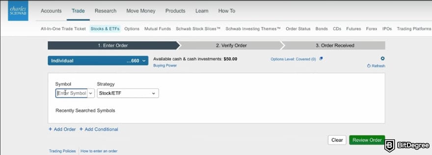 Can you buy crypto on Schwab: entering the symbol for stock/ETF on Schwab.