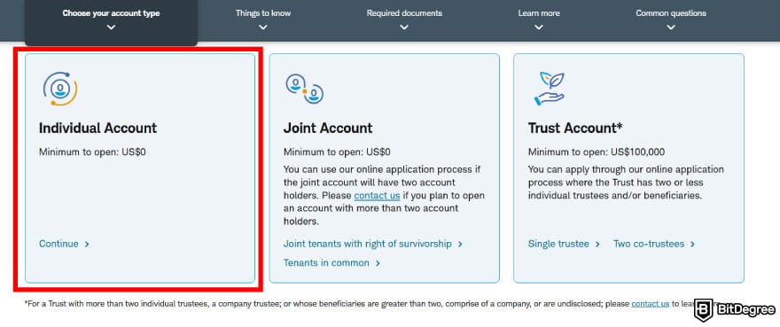 Can you buy crypto on Schwab: the option to open an individual account on Schwab.
