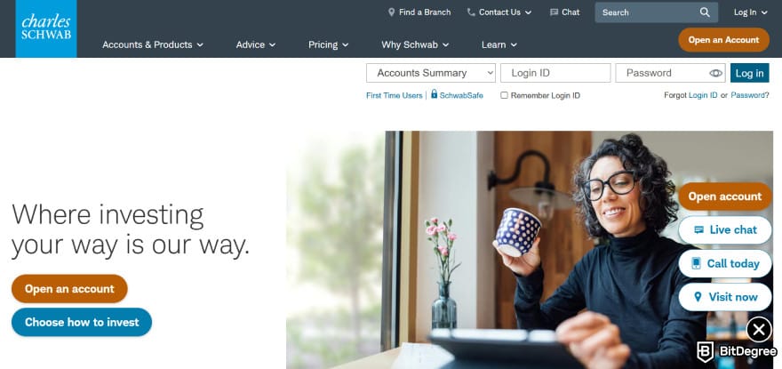 Can you buy crypto on Schwab: Schwab's open an account page.