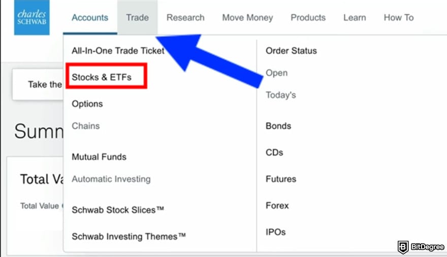 Can you buy crypto on Schwab: the [Stocks & ETFs] button under [Trade] menu.