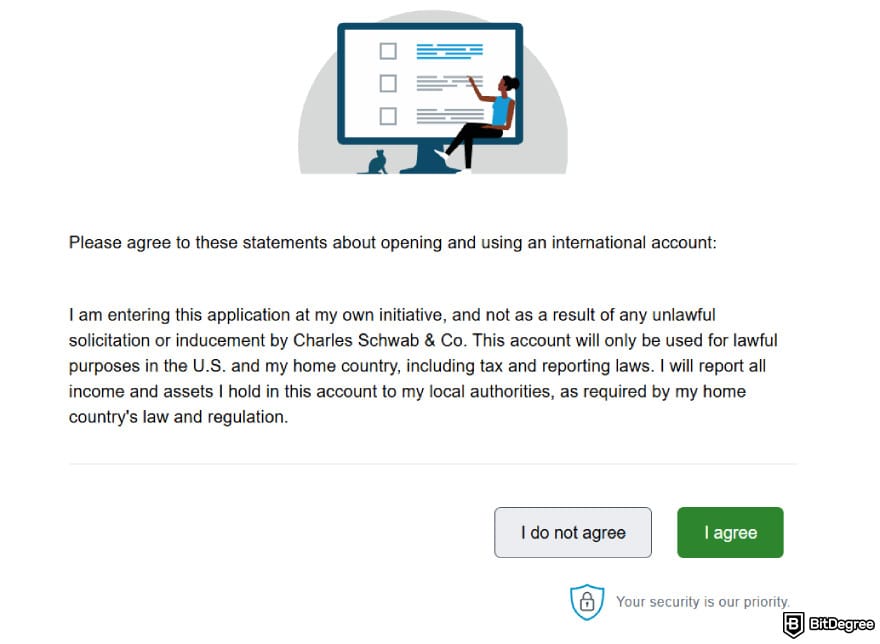 Can you buy crypto on Schwab: the window that prompts you to agree to the statements of opening an international account on Schwab.
