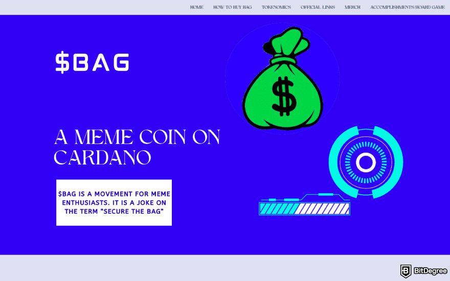 Cardano meme coins: a screenshot of BAG's official website.