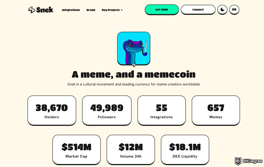 Cardano meme coins: a screenshot of Snek's official website.