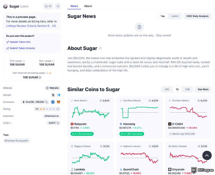 Cardano meme coins: a screenshot of Sugar's trading stats.