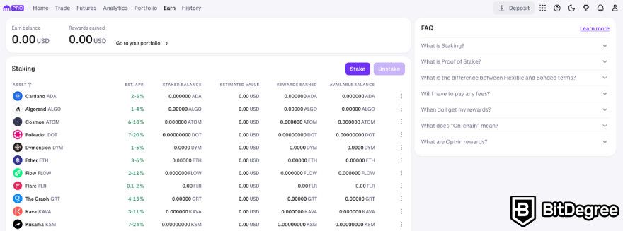 Staking Cardano: tab Kiếm tiền trên Kraken.