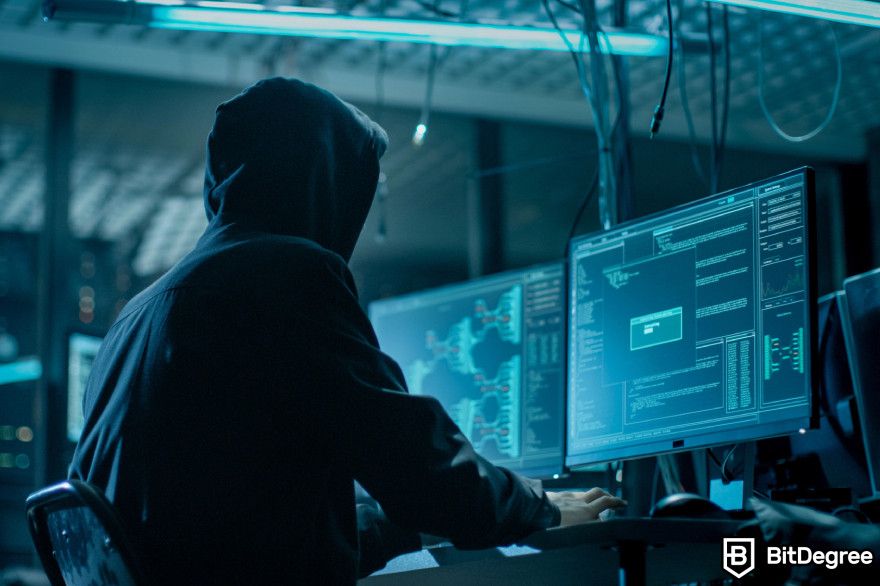 Cardano staking: a person wearing a hoodie is seated in front of a computer.