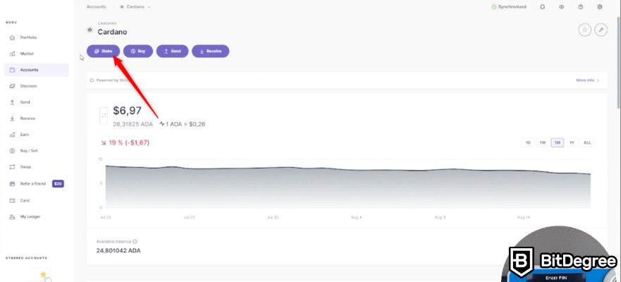 Staking Cardano: nhấp vào nút đặt cược trên ứng dụng.