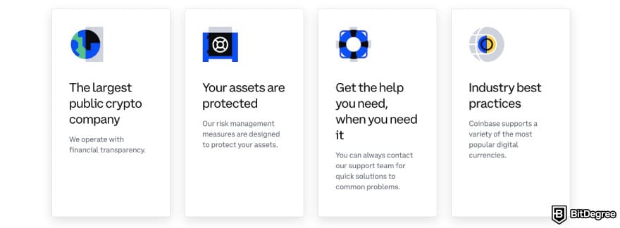 CEX.IO fees: Coinbase's features listed on its website.