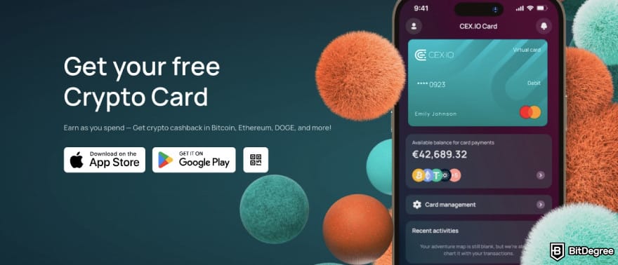 CEX.IO fees: CEX.IO's card page with download buttons for both iOS and Android.