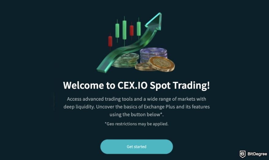 CEX.IO fees: CEX.IO's Spot Trading feature interface.