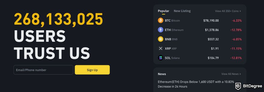 CEX.IO review: Binance website homepage.