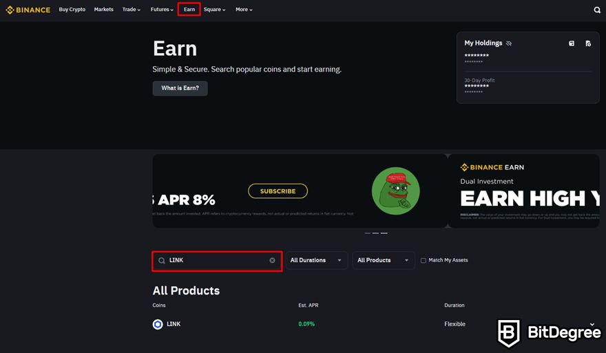 Chainlink staking: Earn page on Binance, highlighting the Earn button and search bar for looking for a specific token.