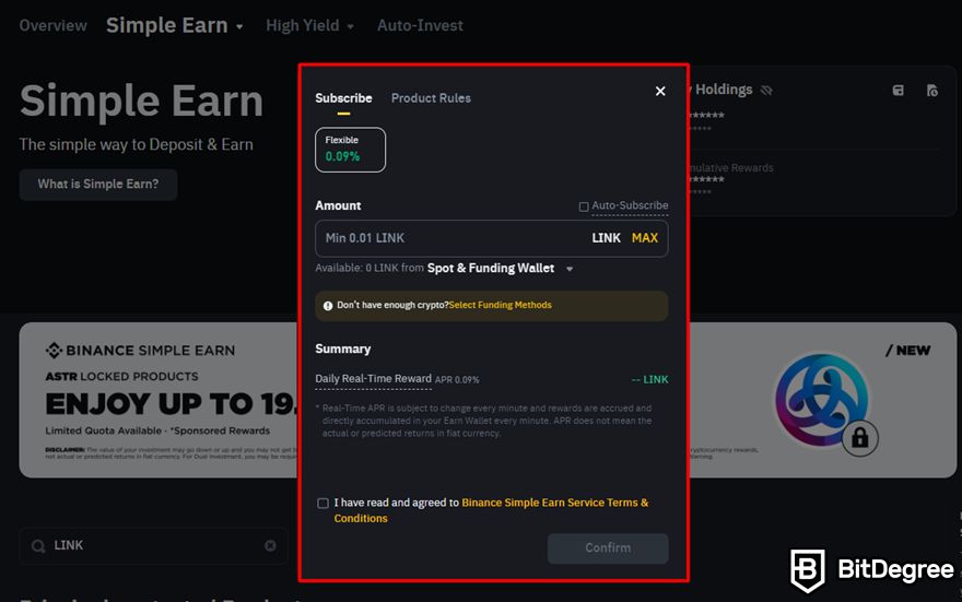 Chainlink staking: The LINK token window on Binance's Earn page.