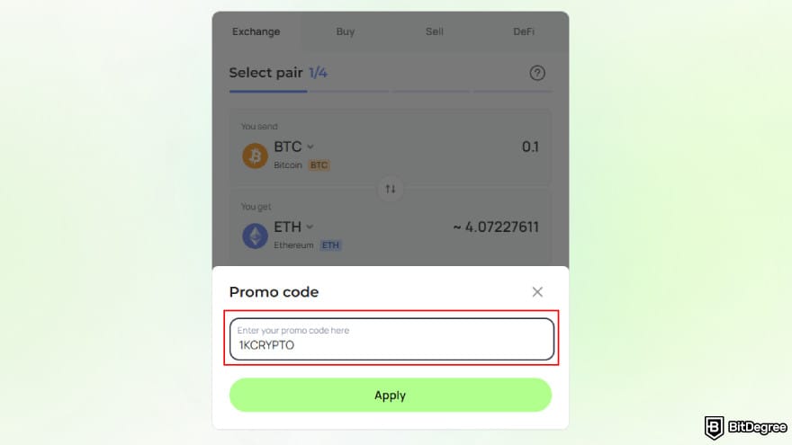 Changelly promo code: paste the promo code and apply.