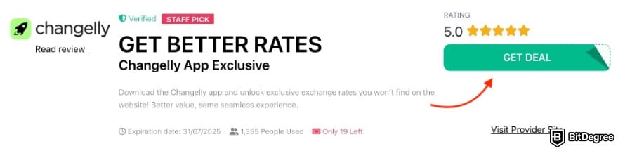 Changelly promo code: a red arrow pointing to the [GET DEAL] button on BitDegree's page.