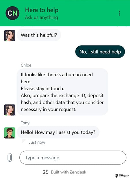 ChangeNOW review: an option to talk to a human agent.