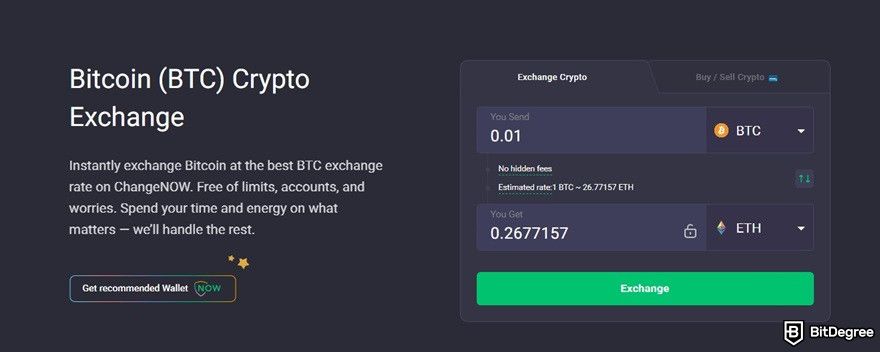 ChangeNOW review: the Bitcoin crypto exchange from homepage.