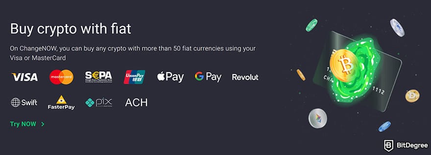 ChangeNOW review: Payment options available for fiat-to-crypto transactions.
