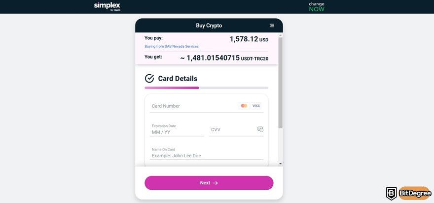 ChangeNOW review: buying crypto via a payment gateway named Simplex.